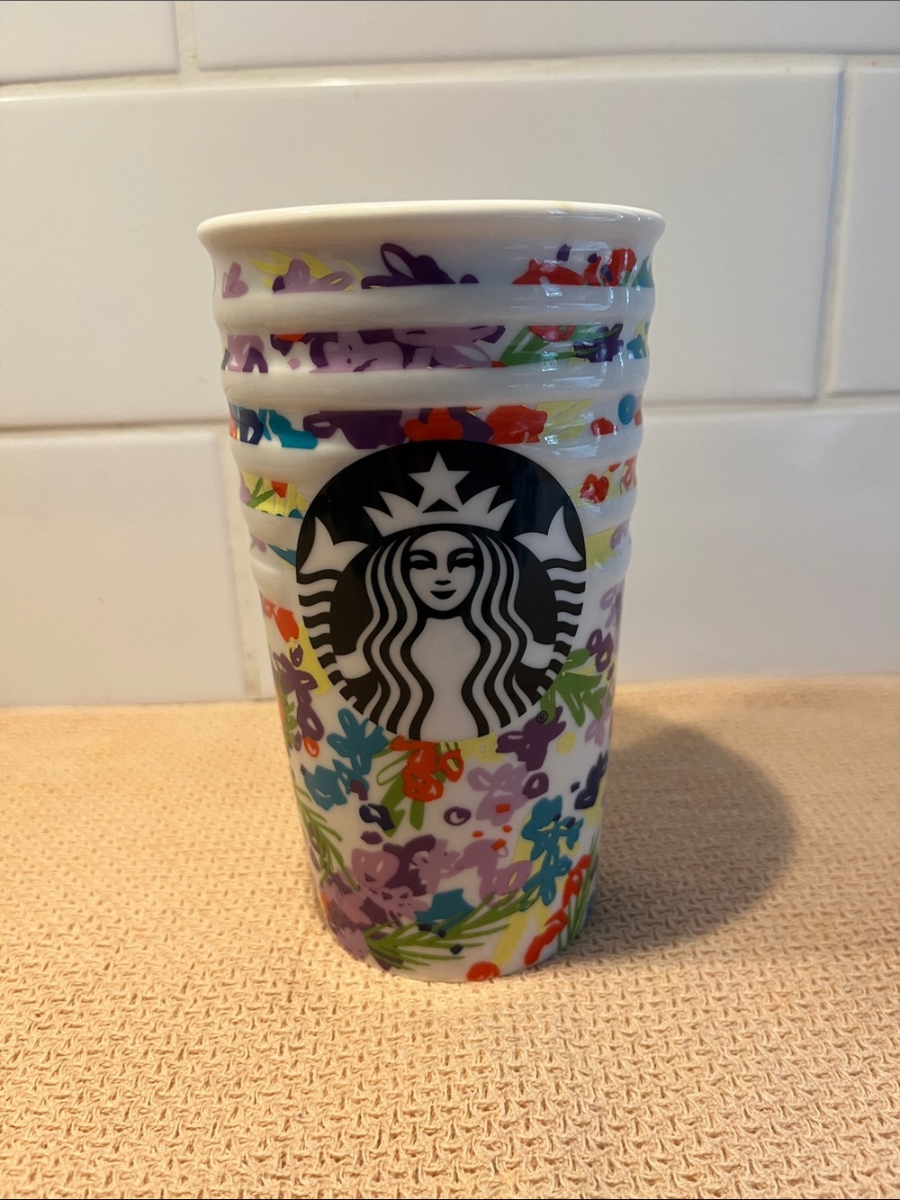 Starbucks White Ceramic Tumbler with Multicolor Floral Design